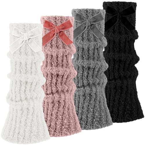 Geyoga 4 Pairs Fuzzy Leg Warmers Y2k Kawaii Winter Leg Warmers Ruffle Calf Sleeves Fuzzy Boot Socks for Women Girls(Soft,Bow)