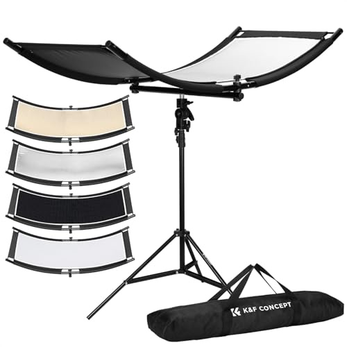 K&F CONCEPT U-Reflector Réflecteur incurvé 100x45cm avec réflecteur 4 en 1, Noir/Or/Blanc/Argent, avec Support de 1,5 m, avec Sac de Rangement, adapté aux Studios Photo