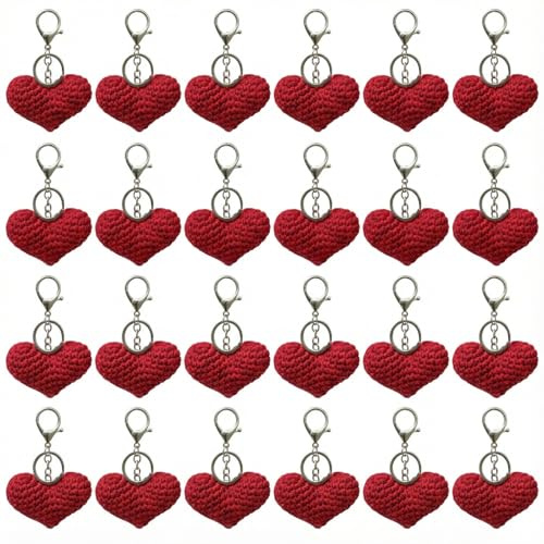 24 Pcs Crochet Heart Keychain Valentines Handmade Accessory