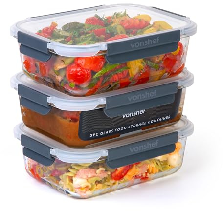 VonShef Glass Containers with Lids, 3Pc 1.5L Capacity Large Meal Prep Food Lunch Boxes, Oven and Dishwasher Safe, Airtight Leakproof Seal Great for Batch Cooking
