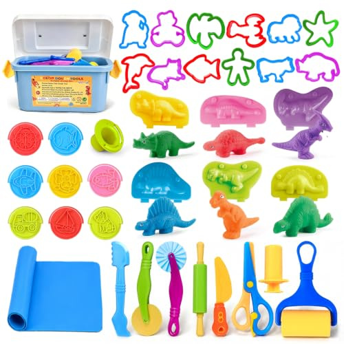 37Pcs Play Dough Tools for Kids Age 3+, Clay Accessories with Storage Box, Mat, Cutters, Rolling Pins, Safety Scissors, Stamps, Animal & 3D Dino Makers, Gift for 3 Year Old Boys Girls