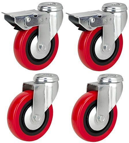 Ruedas giratorias de poliuretano con frenos Bulldog Castors de 75 mm, rojas, resistentes, para muebles, aparatos y equipos. Máx. 280 kg por juego