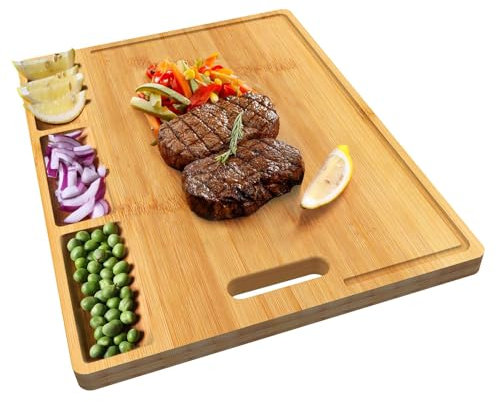 HHXRISE Tabla de cortar de bambú orgánico para la cocina, con 3 compartimentos integrados y ranuras para el jugo, muy resistente, para carnes, pan, frutas, tabla de trinchar, sin BPA
