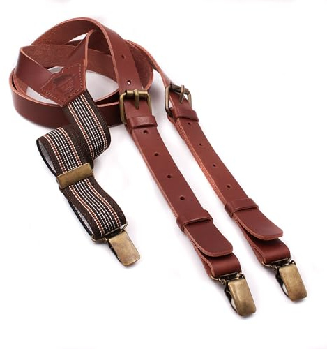 Bretelle uomo in pelle marrone | Realizzate a mano in Spagna | Bretelle da uomo con 3 clip extra-forti. (Marrone)