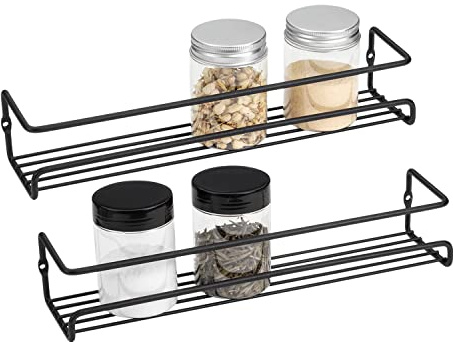 QIWODE Porte Epices Mural Cuisine, Etagere a Epices Murale, Etagere Epices Porte Placard Cuisine Montages Adhesif ou Percage, 7,0P x 29,0l x 5,5H cm, Métal, Noir (Paquet de 2)