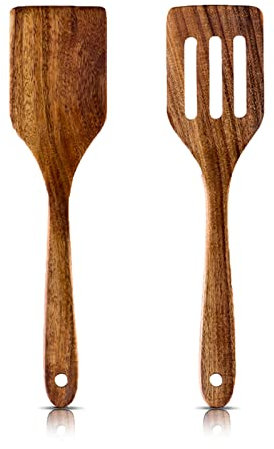 Set di 2 spatole in legno di teak naturale con manico lungo e paletta a fessura, realizzate a mano per protezione da graffi, per padella, resistente al calore, antibatterico, set di spatole da cucina