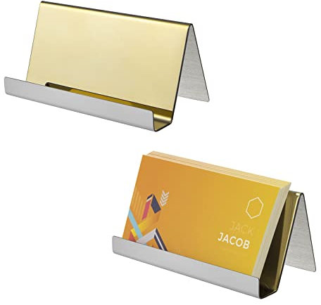 Visitenkartenhalter aus Edelstahl Visitenkarten Halter aus Metall Visitenkarten Rack Organizer Visitenkartenständer für Schreibtisch, Büro, Hotelempfang 2 Stück (Golden)