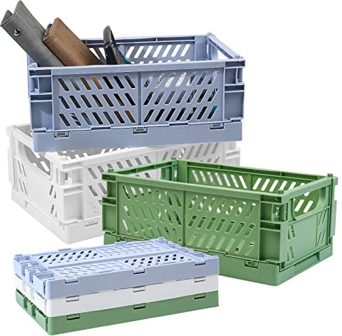 Heozhuyi 3 Pcs Plastic Folding Storage Crates, Collapsible Mini Storage Baskets, Stackable Storage Bins with Handles, Desktop Storage Stacking Basket Boxes for Office Kitchen Bathroom, 9.8*6.5*3.9 in