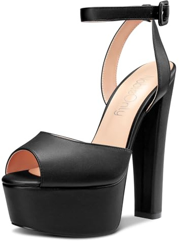 NobleOnly Women Chunky Block High Platform Heel Peep Open Toe Ankle Strap Slingback Wedding Sandals Black 9 M US