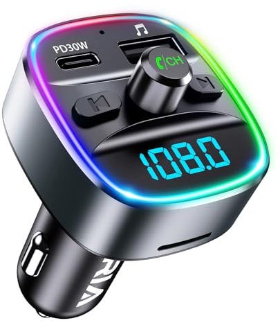 ORIA Bluetooth FM Transmitter Auto, Autoradio Adapter, Bluetooth 5.3 Car Kit PD 30W Schnelles Laden, 7 Farbe LED Backlit, Freisprechen, unterstützung TF Karte & USB-Stick - Kaltgrau