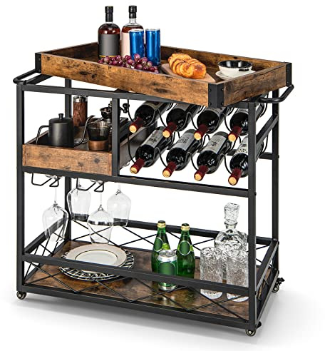 COSTWAY 3 Ebenen Servierwagen mit abnehmbarem Tablett, Küchenwagen mit 2 Reihen Glashalter und 8 Weinregalen, Rollwagen Holz für Küche, Esszimmer und Bar, Vintage