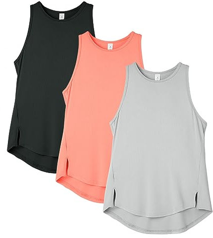 icyzone Damen Sport Tops Racerback Fitness Tank Top Atmungsaktive Gym Yoga Funktions Shirt, 3er Pack (Black/Natural Grey/Hot Pink, M)