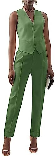 Trajes de chaleco de 2 piezas para mujer, conjunto formal ajustado de chaleco y pantalones, chaleco de vestir de 3 botones, conjuntos de oficina, verde, L