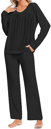 Famulily Comfy Pyjamas for Women Lounge Wear Sets Long Pants with Pleated Nightshirt Sleepwear with Pockets S-XXL
