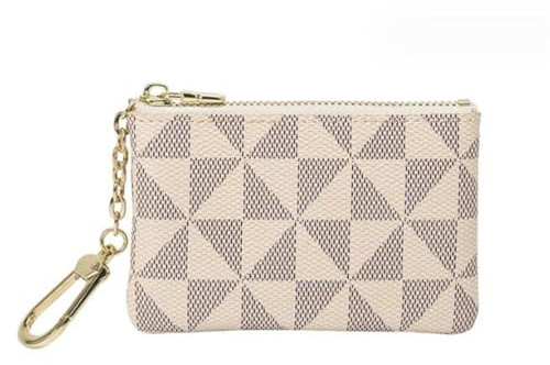 Petit portefeuille de luxe en cuir à carreaux avec fermeture éclair et anneau porte-clés – Sac de rangement pour pièces de monnaie et clés avec chaîne pour femme, doré, Porte-cartes