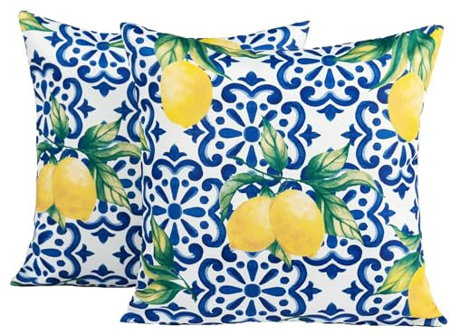 OHS Outdoor Kissen, Zitronenmuster, wasserabweisend, für Gartenmöbel, Sofakissen, superweich, bequem, dekorativ, Blau, 2 Stück
