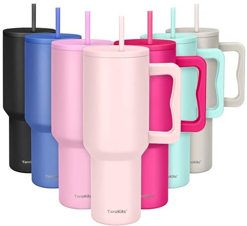 TaroKitc Trinkflasche mit Strohhalm, 1.2 L Thermobecher Auslaufsicher-Reisebecher, passend für Auto-Becherhalter, auslaufsicher, hält Getränke für 30 Stunden kalt (Hellrosa)