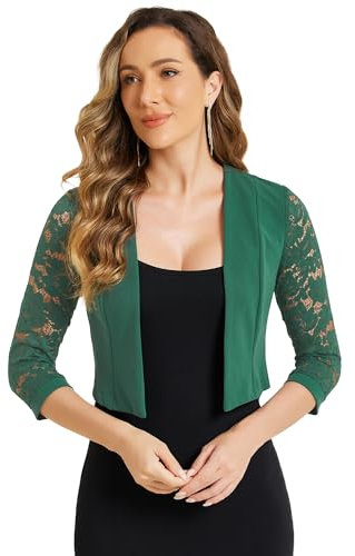 Allegra K Damen Cardigan Spitzen Bolero Vorne Offen Mesh Langärm Arbeit Bauchfrei Shrug Strickjacke Dunkelgrün L