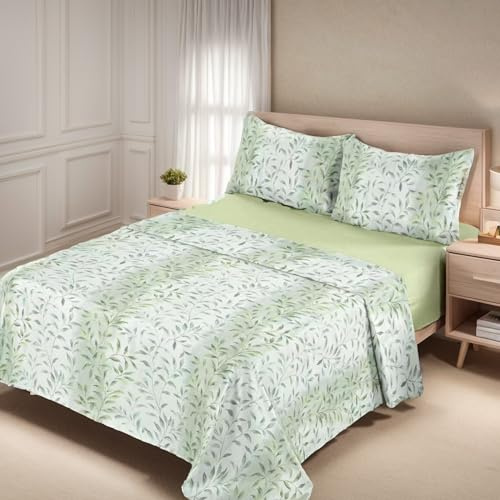 Etrexonline Juego de Sábanas 4 Piezas Cama 180 cm - Microfibra Ultra Suave Incluye 1 Bajera Ajustable 180x200+28 cm, 1 Encimera 250x270 cm, y 2 Fundas de Almohada 50x100 cm - Color Hojas Verdes