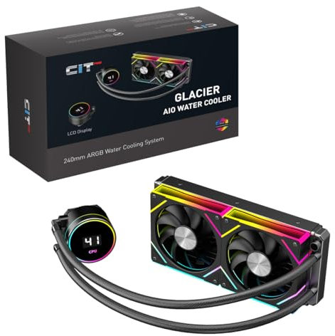 CiT Pro Glacier 240mm AIO CPU Liquid Cooler – 240mm Radiator – 2×120mm ARGB PWM Fans – Live LCD CPU Temperature & Pump Speed Display – AM5, AM4 – LGA 1851, 1700, 1200/115X, 20XX Compatible | Black