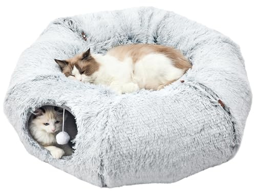 JIUPETY Katttunnelsäng med mjuk plyschmatta, hopfällbar rörlekplats, kattleksakstunnel för inomhuskatter, kattunge, kanin, iller, fluffigt plyschmaterial, inkluderar dinglande bollar, ljusgrå