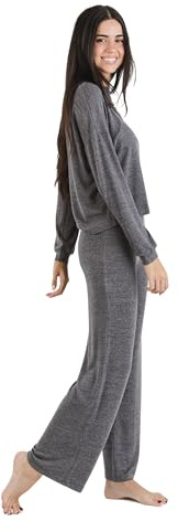 TRAMAS+ Pijama Angorina de Mujer Entretiempo, Conjunto de Camiseta Manga Larga y Pantalón Largo Con Cintura Ajustable Calentito - L, Gris Marengo