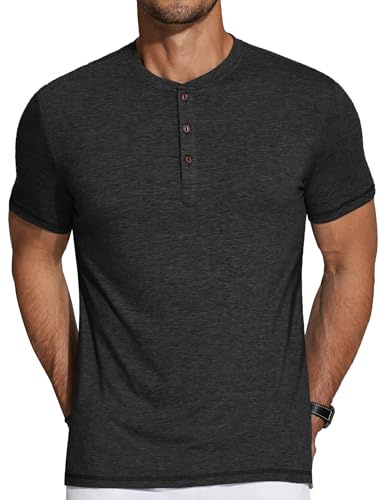 COOFANDY Henley Shirt Hommes Henley T-Shirt d'été T-Shirt à Manches Courtes avec Patte de Boutonnage Décontracté Basique Noir M