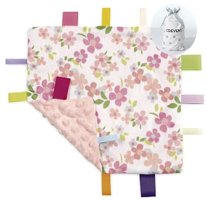 CREVENT Tag Security Blankets for Babies, Soft Small Loveys for Girls, Baby Comforter Sensory Blanket, Great Gifts for Birthday Baby Shower 24X24cm (Wildflow)