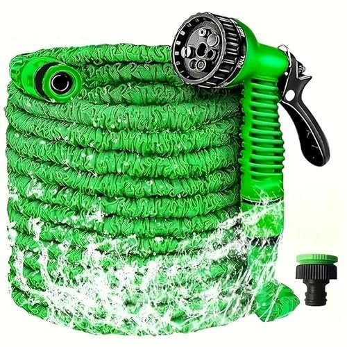 TECHZOCO Manguera extensible de jardín, Manguera de agua extensible, Manguera riego a presión, Fabricada en Polipropileno, 7 modalidades de riego, Inclye pistola, Verde, Extensible hasta 15 Metros