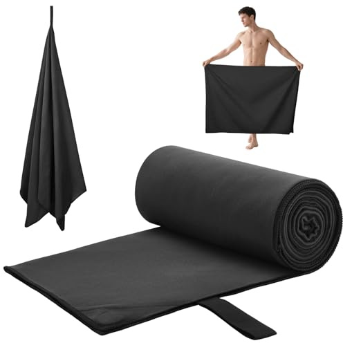 AUYAO Serviette Sport Absorbante Séchage Rapide avec Aimant, Unisexe, 80*190cm, Polyester + Nylon, Noir, Serviette Musculation, Plage, Gym, Yoga, Voyage