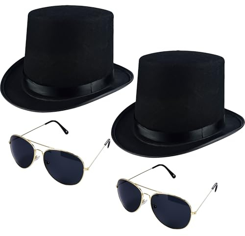 Puyawen 2 Pcs Felt Top Hat with 2 Pcs Sunglasses Black Magician Hat Dress Up Costume Top Hat for Halloween Cosplay Rocker Accessories