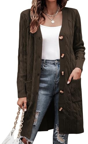 Aottori Cardigan Donna Lungo Maglione a Trecce con Tasche e Bottoni Giacca in Maglia Elegante Autunno Inverno Cappotto Morbido Casual Tinta Unita Marrone Scuro S