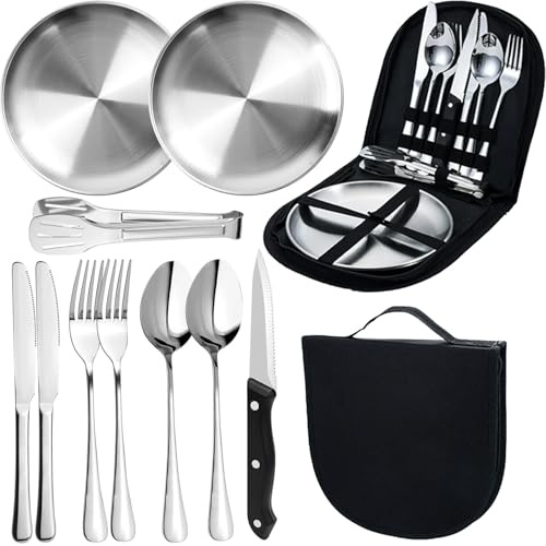 MOMAHUA 10 Piezas Set de Vajilla de Camping 2 Personas Plata,Juego de Cubiertos de Acero Inoxidable con Platos,Cuchillos,Tenedores,Cucharas y Pinza,Incluye Estuche de Transporte