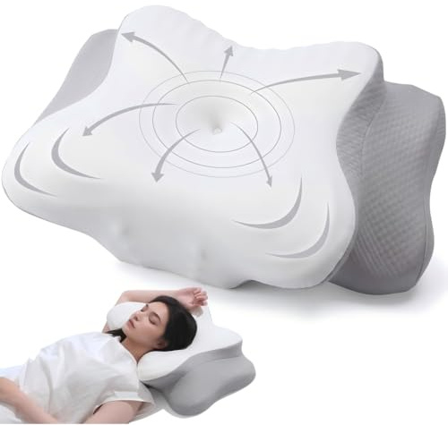 AmzHandler Cuscino cervicale ortopedico ergonomico in memory foam, per alleviare dolori cervicali. Supporto ideale per chi dorme su lato, schiena e pancia, con federa rinfrescante e lavabile, Bianco