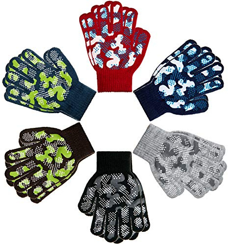 6 Pairs Boys Girls Magic Stretch Gripper Gloves Winter Knitted Full Finger Gloves for 4-8 Years Old Kids, 6 Styles