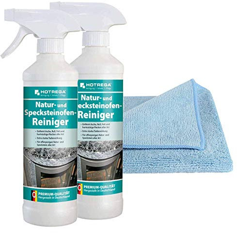 HOTREGA Natur- & Specksteinofen Reiniger 2x 500 ml | Entfernt Asche, Ruß, Fett, Flecken tiefenwirksam | inkl. Microfasertuch 40 x 40 cm