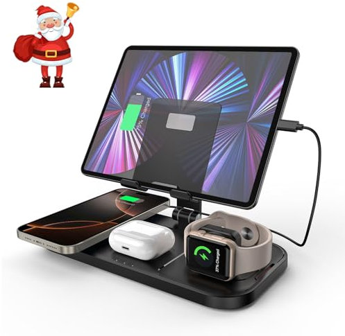 4 in 1 Wireless Charging Station for iPhone, Foldable Tablet Wireless Charger, 18W Fast Charger Stand Multi Charging Dock for iPhone 16/15/14/13/12 Serie, iWatch 10 9 8, for AirPods 4 3, iPad