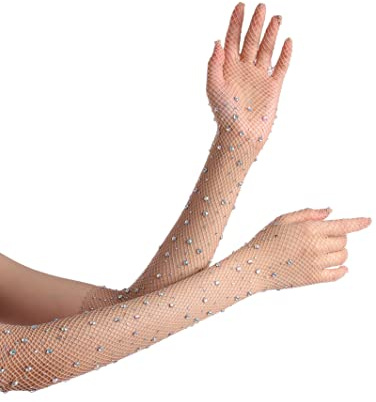 Women Rhinestone Fishnet Long Gloves Mesh Sparkly Glitter Fashion Opera Gloves For Party Halloween Costumes Accessories