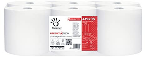 Papernet Defend Tech - Rollo de toalla Centrefeed 419735, 6 rollos de papel de celulosa pura de 115 m, con fórmula antibacteriana en embalaje, 2 capas, 330 lágrimas por rollo, 19,7 x 35 cm