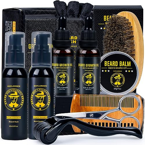 Bartset, Bartpflegeset für Männer, Bartwuchsset mit Bartroller, 2er-Pack Bartwuchsöl, Bartshampoo, Bartspülung, Bartbürste, Bartbalsam, Bartkamm, Schere, Geschenke für Ihn