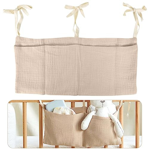 Naapesi Bolso Colgante para Cama de Bebé, Organizador Colgante para Pañales, Organizador de Cuna Bolsa de Almacenamiento con Dos Bolsillos Grandes, para Juguetes PañAles Ropa (Caqui)