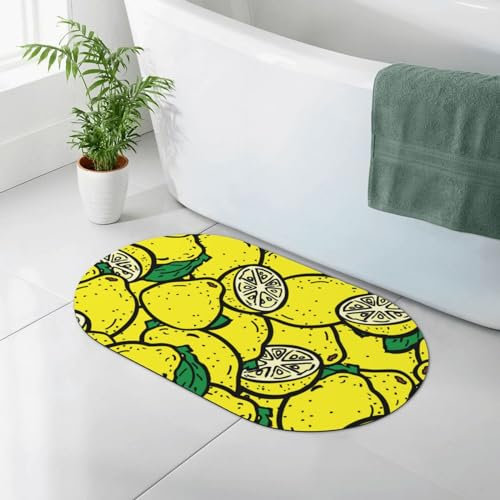 JCAKES Badematte mit gelber Zitrone, rutschfeste Bodenmatte, Kieselgur, Badematte, wasserabsorbierender Teppich, Kieselalgen-Schlamm-Matte für drinnen und draußen (oval, 80 x 50 cm)