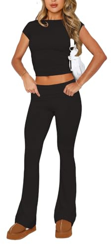 Loalirando Ensemble de sport pour femme, combinaison de gymnastique, 2 pièces, couleur unie, crop, haut à manches courtes, col rond + pantalon taille basse, sport pour yoga, cours de fitness, Noir , L