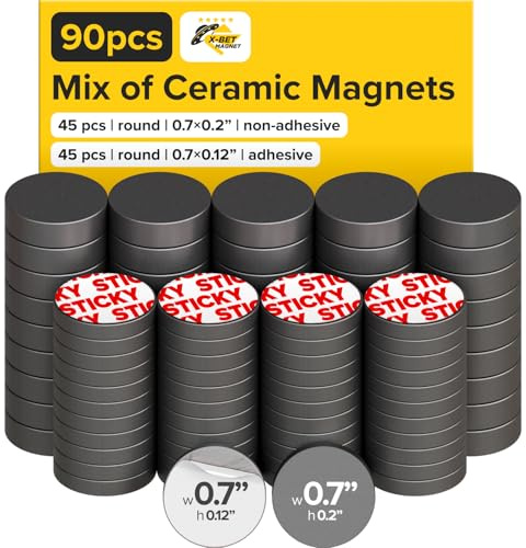 Ultra-Strong Ceramic Round Magnets with Adhesive Backing (2 Sizes Mix, 90 pcs) – Heavy Duty Sticky Magnets, Non-Corrosive, Versatile for Home, Office, Workshop, Whiteboard, Fridge and Hobby Use