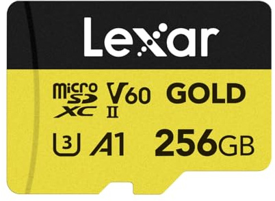 Lexar GOLD Carte Micro SD 256Go, carte mémoire flash microSDXC UHS-II, carte microSD V60, U3, A1, C10, lecture jusqu'à 280Mo/s, pour drone/caméra d'action/appareil de jeu UHS-II (LMSGOLD256G-BNNNG)