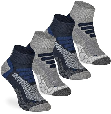 Flerstrumpa 4 par korta vandringsstrumpor sneakers – utomhus vandring vandring – anti-bubbelstoppning – fullfrotté skydd för män och kvinnor Coolmax allväder, 4 par (grå/blå), 39-42 EU
