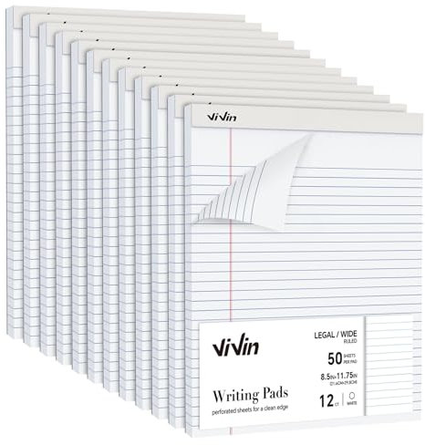 ViVin Legal Pads 8.5 x 11 Inch, Wide Ruled Note Pads, 12 Pack, 50 Sheet/Pad, Perforated Writing Pads, Notepads for Office Home School, 600 Sheets, White Paper