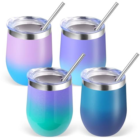 Volhoply 12oz Stainless Steel Wine Tumbler with Lid Bulk 4 Pack,350ml Double Wall Vacuum Stemless Wine Glasses,Metal Travel Coffee Mug with Straw,Insulated Cup Gifts for Christmas(Assorted,4 Set)