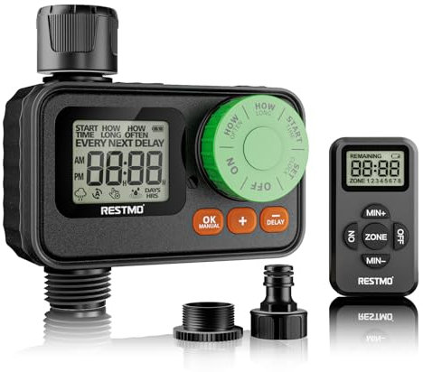 RESTMO RF Remote Controlled Water Timer, Garden Hose Timer with Automatic/Manual/Rain Delay System for Outdoor Tap, Drip Irrigation and Lawn Watering