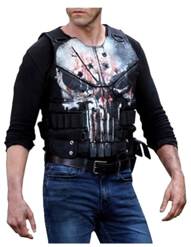 HiFacon Mens Punisher Leather Vest Frank Castle Skull Logo Halloween Jon Bernthal Skeleton Costume